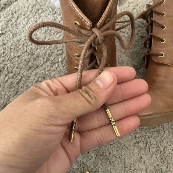 MICHAEL KORS Brown Leather Carrigan Wedge Lace-Up Fur Trim Booties Boots‎ 7M - Picture 14 of 15